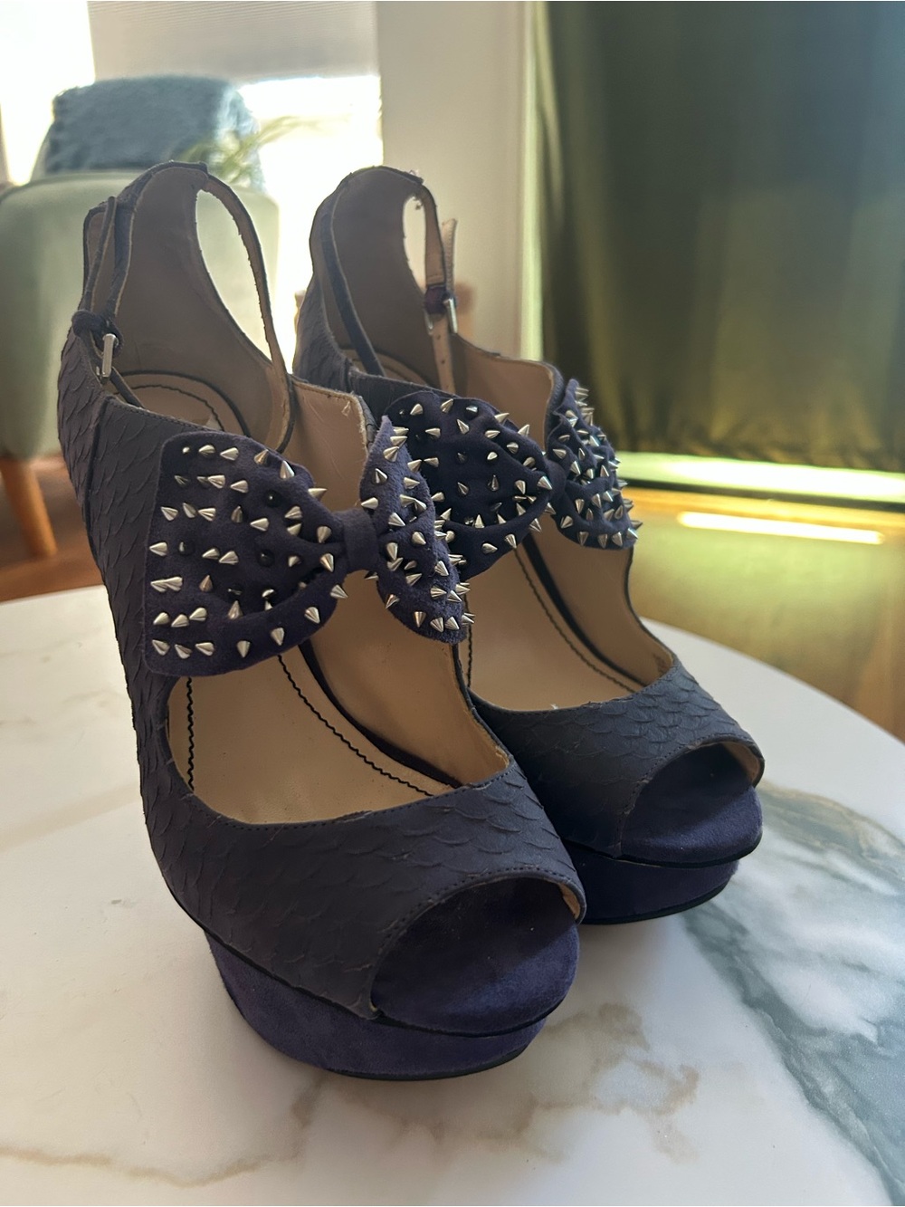 ABS Allen Schwartz Deep Purple Studded Bow Peep-Toe Platform Heels